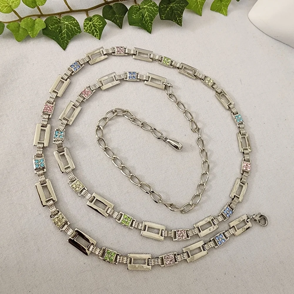 Silver Rectangle Chain Link with Color Crystals Belt - Picture 1 of 9